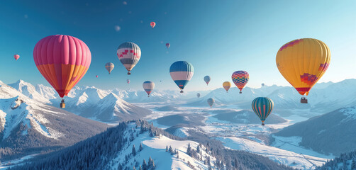Colorful hot air balloons drift over vast snow covered mountain range under clear blue sky. People enjoy winter flight adventure, scenic landscape exploration during sunny day.