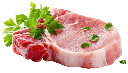 Fresh, raw pork chop with red marbling, garnished with bright green parsley