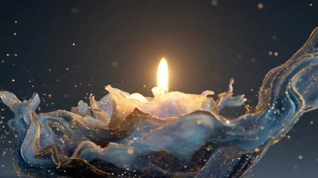 Burning candle in decorative floral vessel against dark background