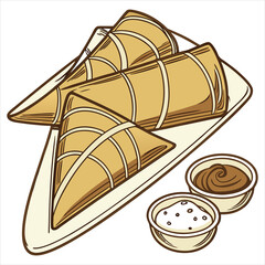 Two ketupat served on a plate with two sauces