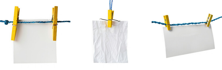 Three blank white notes or papers hanging on a clothesline with yellow clothespins, isolated on transparent background