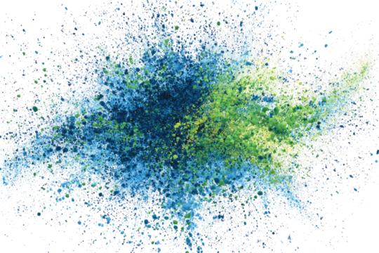 Abstract, speckled, colorful artwork with hues of green, blue, and yellow against a black background