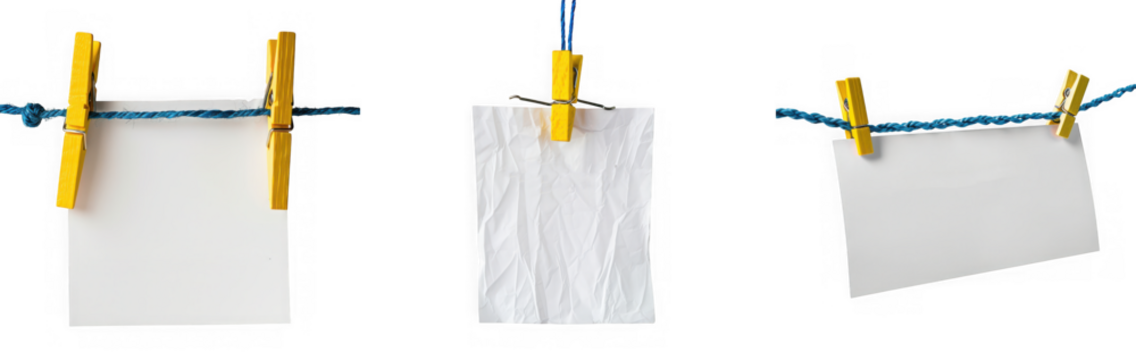 Three blank white notes or papers hanging on a clothesline with yellow clothespins, isolated on transparent background