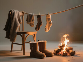 Cozy winter boots and warm clothing drying by a campfire  