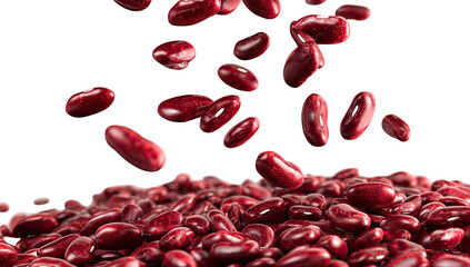 CGI image of fresh, shiny red beans falling onto a pile against a black background