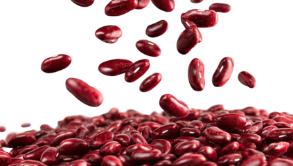 CGI image of fresh, shiny red beans falling onto a pile against a black background