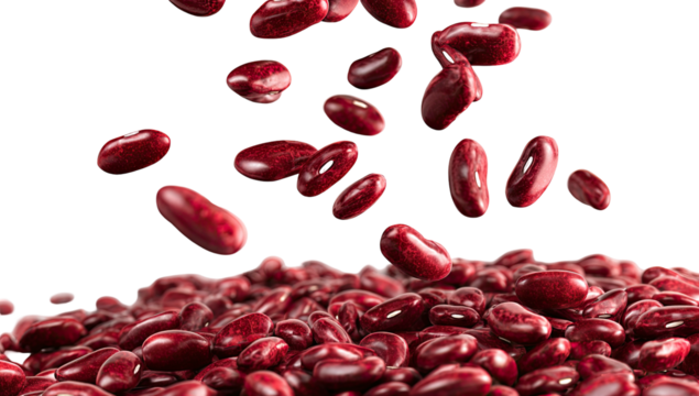 CGI image of fresh, shiny red beans falling onto a pile against a black background