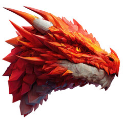 Profile view of a fierce red dragon's head. Detailed scales and glowing yellow eye