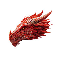 A detailed rendering of a dragon's head, focused on its red scales and piercing golden eyes