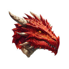 Portrait of a fearsome, scaly red dragon's head with golden eyes, isolated on black