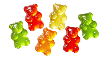 Colorful, gummy bear candies in various shades, arranged on a stark, black background
