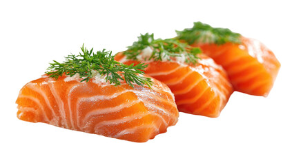 Three salmon fillets, topped with fresh herbs, isolated against a transparent black background
