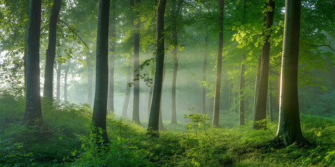 Enchanting lush green forest after gentle rain mist serene woodland atmosphere
