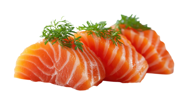 Sliced salmon sashimi, vivid orange hue, garnished with fresh dill against a black background