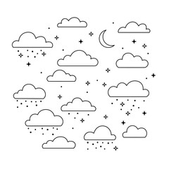 Set of cartoon clouds with rain and stars, crescent moon, vector illustration.