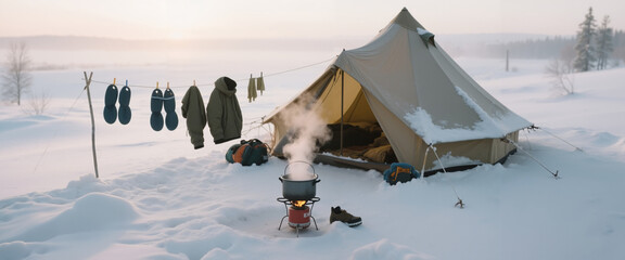 Winter camping scene with tent and clothing in snowy landscape  