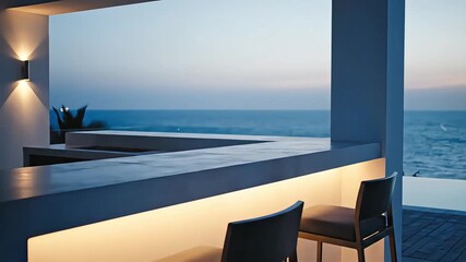 Luxurious modern outdoor bar overlooking serene ocean at dusk featuring elegant LED lighting and contemporary bar stools perfect for a relaxing coastal evening - Powered by Adobe
