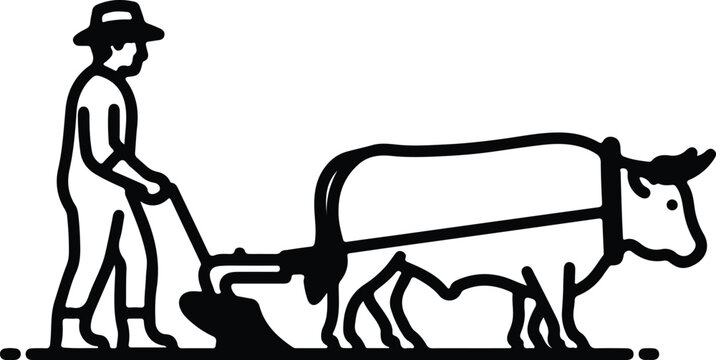 Vector vintage farmer plowing field with ox silhouette illustration
