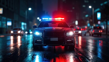 Police car with flashing red and blue lights on wet city street at night. Vehicle reflects bright lights on dark road, urban background bokeh lights.