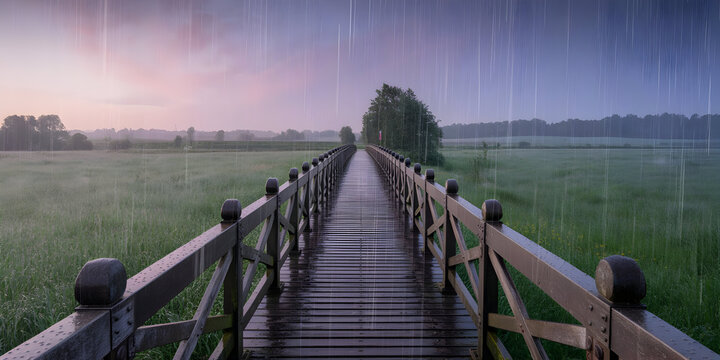 Old wooden bridge over marshland at sunset with a touch of rain - Powered by Adobe