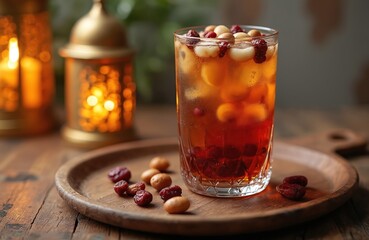 Glass of Jallab drink with pine nuts and dates on wooden tray. Ramadan lanterns in the background. Traditional Arabic beverage served cold with ice and nuts.