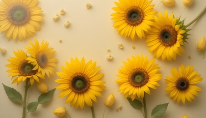 Obraz premium Flat lay of yellow sunflowers on soft beige background, summer vibe