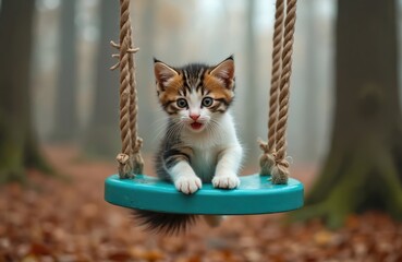 Cute tricolor kitten sits on blue swing in autumn forest. Small tabby cat plays in playground. Young feline with green eyes looks at camera with wide open mouth. Playful facial expression in misty