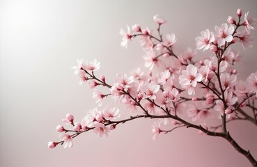 Obraz premium Delicate pink cherry blossoms bloom on branch. Soft spring flowers appear on tree. Beautiful petals gently open. Nature beauty symbolizes new life, renewal, freshness, elegance, peace, grace and joy.