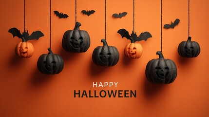 Orange Background with Black Orange Jack-o-Lanterns Bat Decor, Halloween Text