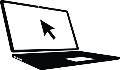 Black laptop with cursor on white screen and white background computer mouse pointer vector