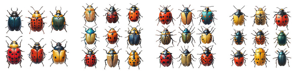 Collection of colorful beetles isolated on transparent background