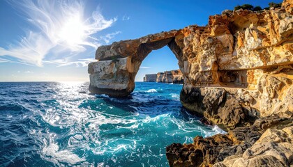 Natural rock arch formation over sparkling turquoise ocean waters under a bright sunny blue sky with dramatic sun rays and white clouds casting light on the rugged coastal cliffs