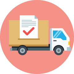 Flat design delivery truck with document and checkmark icon cargo