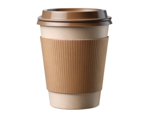 Disposable coffee cup with brown lid and cardboard sleeve isolated on black background for takeaway drinks