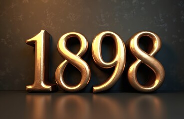 Shiny golden 3D number 1898 rests on dark reflective surface. Bold metallic digits show old year. Vintage date rich, luxury look for historical projects, anniversaries. Perfect for celebrating