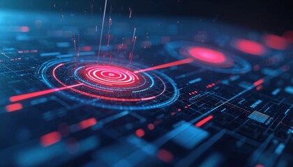 Futuristic digital interface with glowing red and blue data streams and circuits. Abstract network connections show complex system analysis and digital information flow.