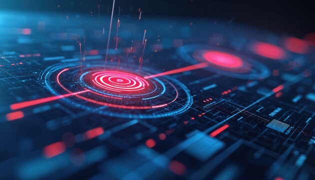 Futuristic digital interface with glowing red and blue data streams and circuits. Abstract network connections show complex system analysis and digital information flow.
