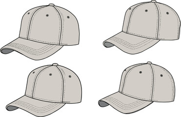 Baseball cap illustration, front and side views, technical sketch, fashion accessory, headwear design, vector drawing, apparel template, product visualization