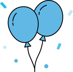Two light blue balloons with black outlines and confetti vector