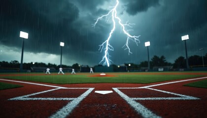 Dark night baseball game with lightning storm. Players are on stadium. Thunder and rain on sports. Natural disaster strikes during competition event. Team risks under extreme weather danger.