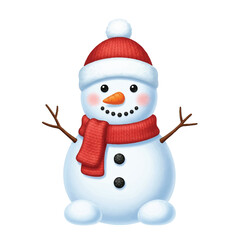 Flat 2D vector illustration of a cheerful snowman wearing a red hat and scarf for a Christmas celebration on a white background.