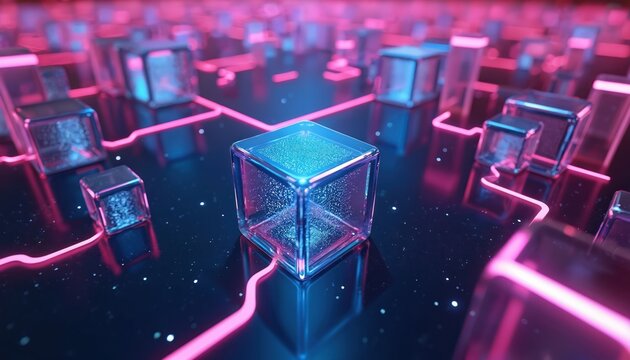 Abstract digital art shows many glowing blue, pink neon cubes on dark glossy surface. Bright light lines connect transparent glass boxes, forming tech grid. Modern background represents tech data,