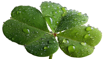 Close-up of a four-leaf clover, glistening water droplets on the lush green foliage