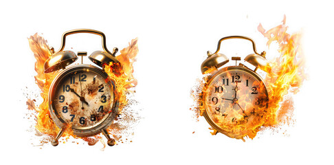 Two antique alarm clocks engulfed in flames and smoke, isolated on transparent background