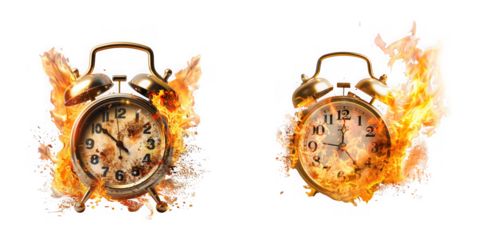 Two antique alarm clocks engulfed in flames and smoke, isolated on transparent background