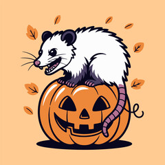 Cartoon Opossum Sitting on Jack O&rsquo;Lantern Pumpkin Illustration