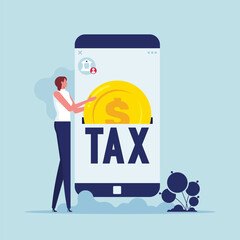 Paying tax online concept. woman paying tax via smartphone. Electronic wallet, online transfers and transactions, online application for payment taxes
