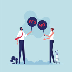 Saying yes or no concept, positive businessman holding yes sign when negative businesswoman holding no sign in hands opposite decisions, Yes, No argument or disagreement