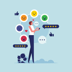 Performance rating or customer feedback concept, credit score or satisfaction measurement, quality control or improvement, woman use smart phone for credit score or satisfaction measurement