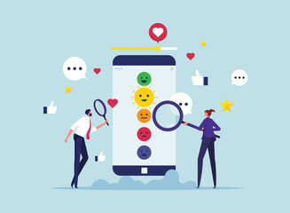 Sentiment analysis on customer feedback concept, brand reputation or positive review, social voice, rating or opinion report, reaction or survey, business people analyze customer feedback feedback